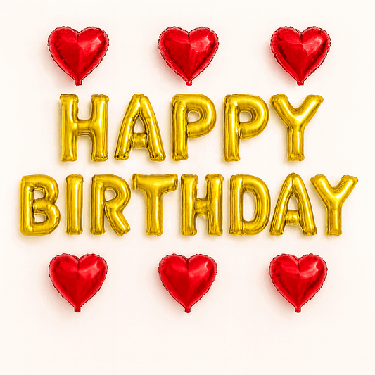 13 Letters Happy birthday Golden Foil Balloon And 6 Red Heart Foil Balloons Package