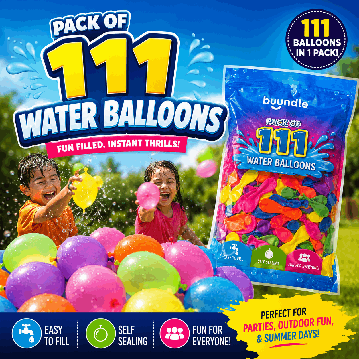 111pc Water Balloons Set - Quick Fill in 60 seconds - Fast and Fun Water Games