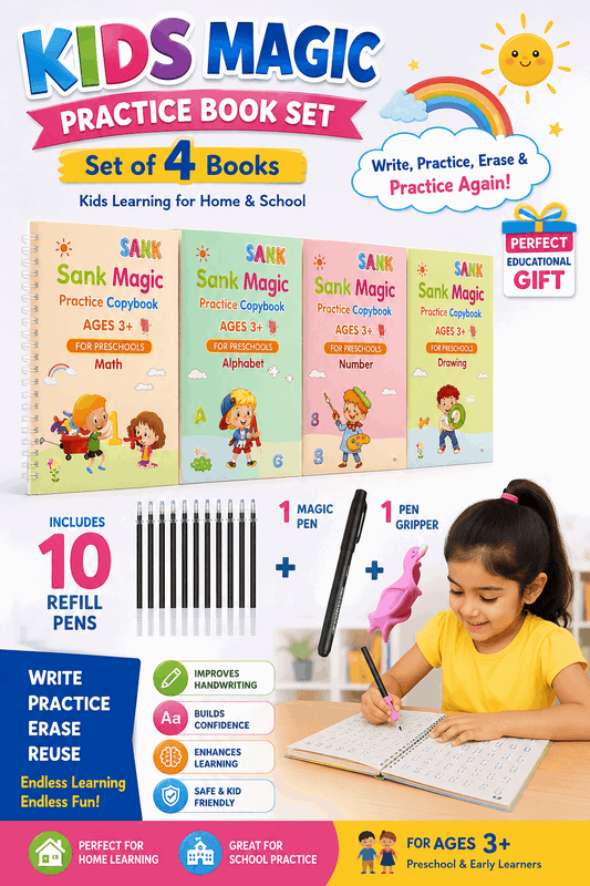 Kids Magic Practice Book Set of 4-Kids learning for Home and school with 10 refill pens - Educational and Learning Gift