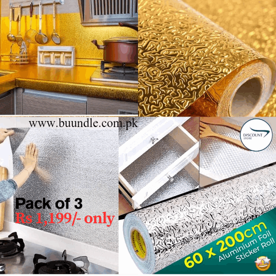 Pack of 3 Silver & Golden Self Adhesive Aluminium Foil Sticker Sheet Roll for Kitchen Size 60x200CM Size