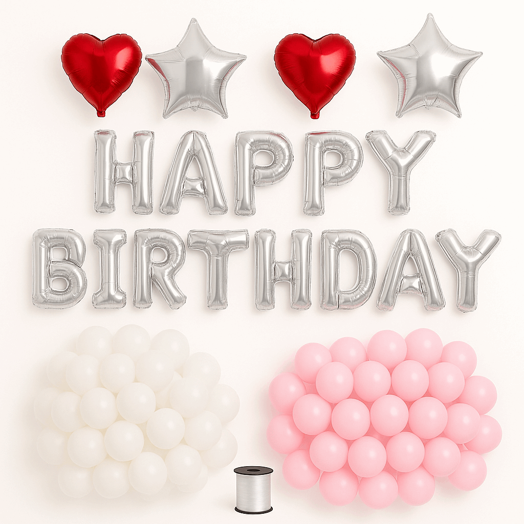 13 Letters Happy Birthday Silver Foil Balloon, 2 Red Heart And 2 Silver Star Foil Balloons, Pink And White Latex Balloons Package