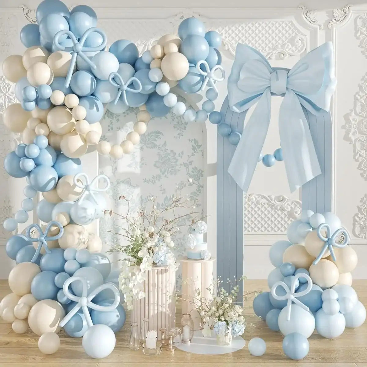 100pcs Pink/Blue Bow Ribbon Long Balloons, Pink/Blue & White Balloons Garland Theme Set For Bow Themed Party Decoration & Celebration