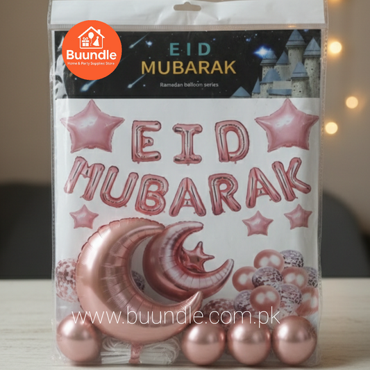 Eid Mubarak Balloon Set - Silver Pink Foil Letters with Moon & Star Balloons