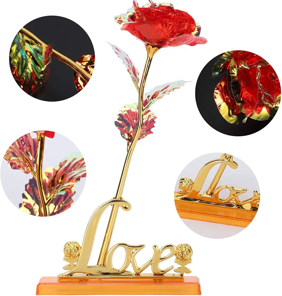 24K Aluminum Foil Plated Red Rose with Love Stand Packed in a box