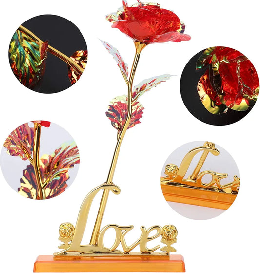 24K Aluminum Foil Plated Red Rose with Love Stand Packed in a box