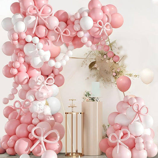 100pcs Pink/Blue Bow Ribbon Long Balloons, Pink/Blue & White Balloons Garland Theme Set For Bow Themed Party Decoration & Celebration