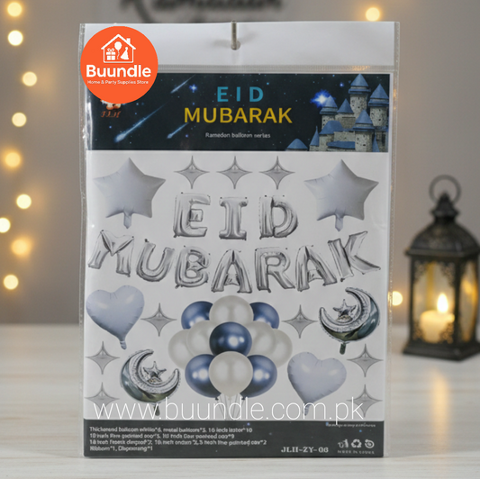 Eid Mubarak Balloon Set - Silver Pink Foil Letters with Moon & Star Balloons