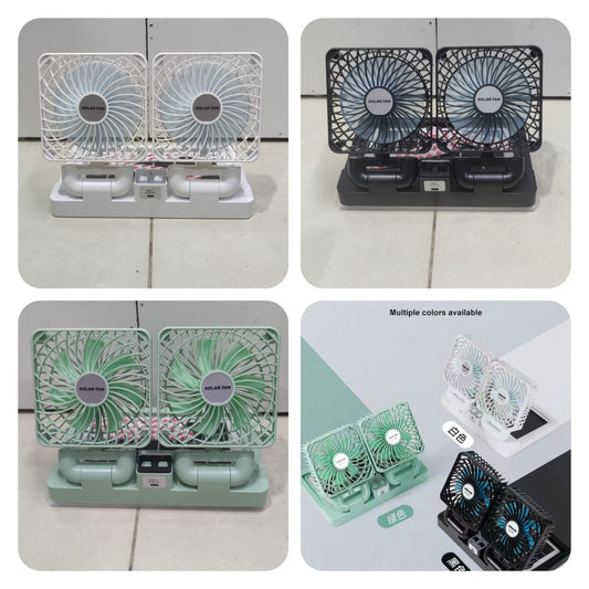 Rechargeable Dual Solar Fan, Small Cooling Ventilator, Rechargeable Outdoor Fan