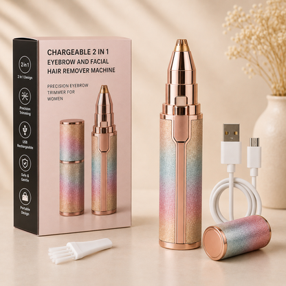 Electric Flawless Eyebrow Trimmer for Women – 2-in-1 Facial Hair Remover Shaver Kit with LED Light, USB Charging, Cleaning Brush & Precision Razor | Rose Gold Glitter