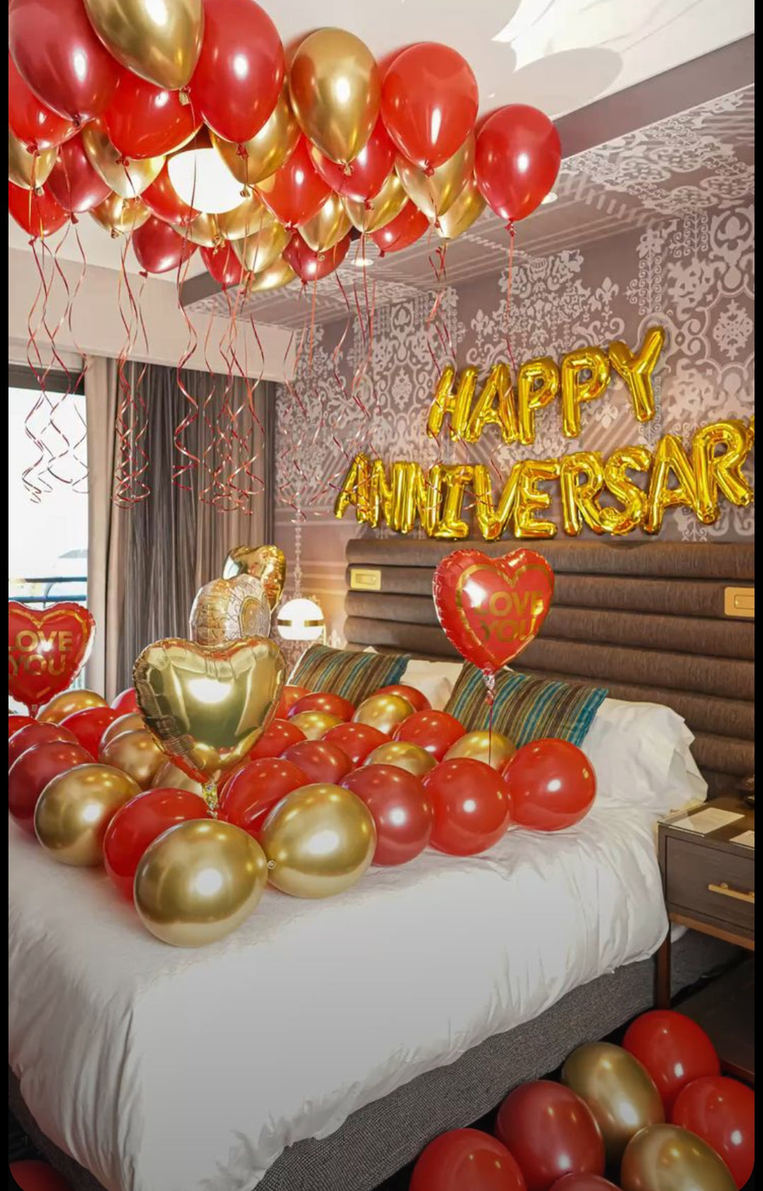 Happy Anniversary Decoration Package – Golden & Red Balloons Set for Romantic Celebration