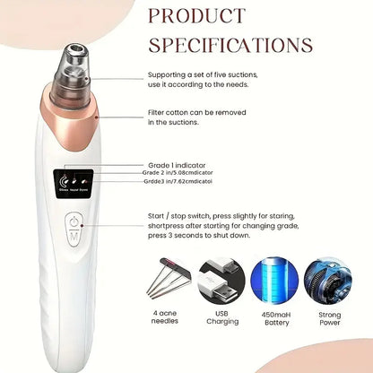 3-Adjustable Level Blackhead Remover Pore Vacuum, Upgraded USB Rechargeable Face Pore Acne Cleaner with 5 Probes for Women and Men, Suitable for All