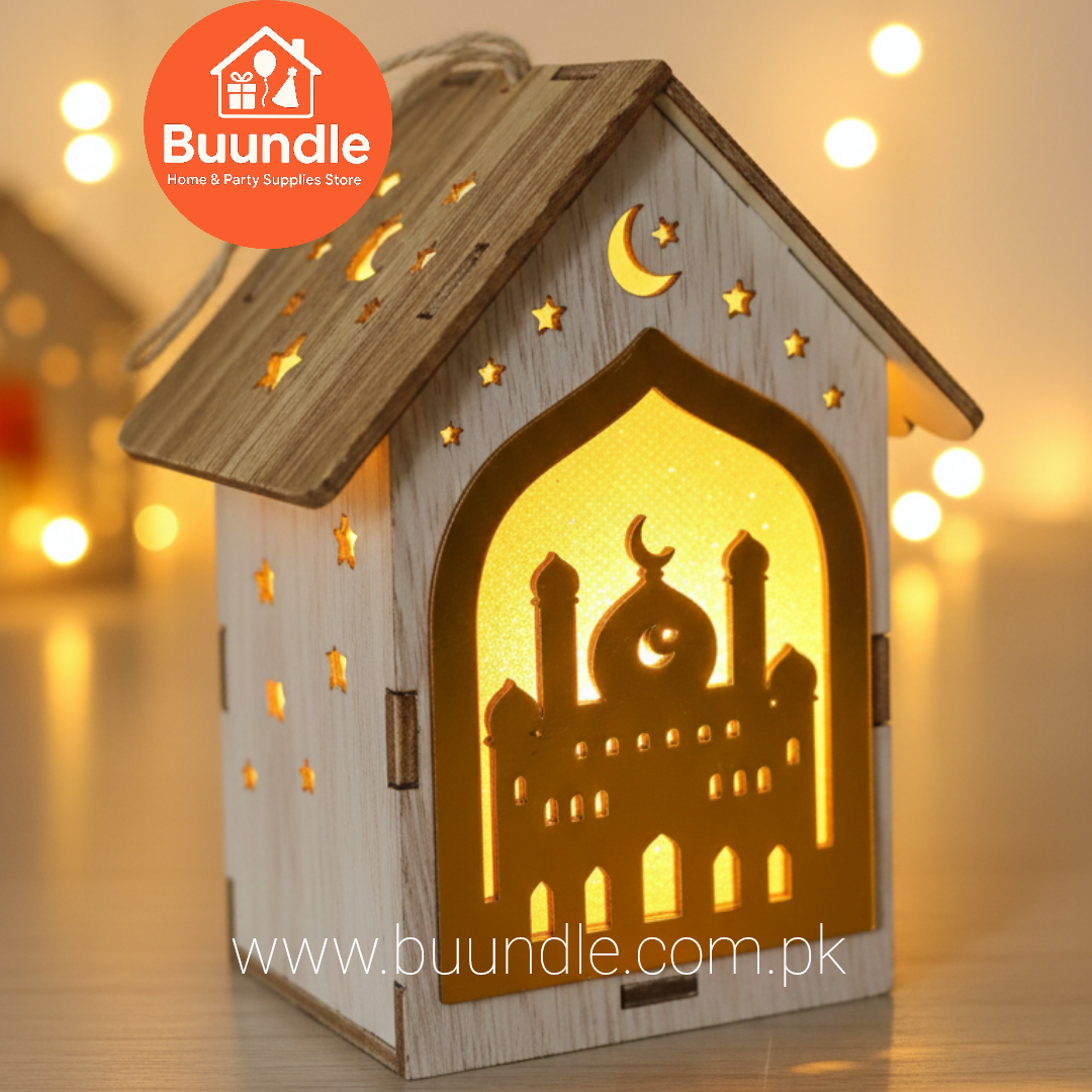 5-Inch Hanging Wooden Mosque Lantern – Warm LED Ramadan & Eid Festive Decoration
