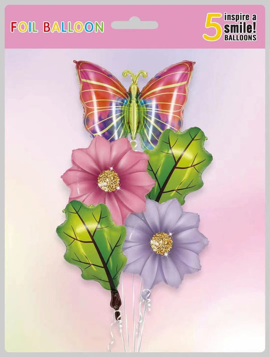 Butterfly and Flower Theme Foil balloons - Pack of 5 balloons