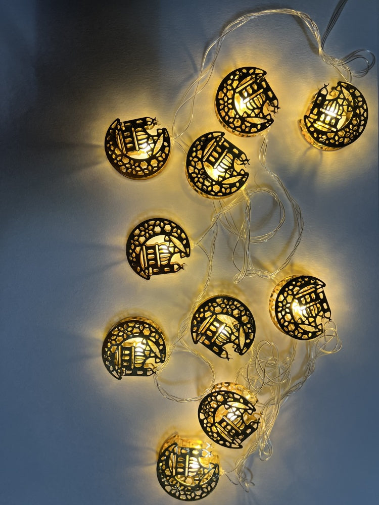 Metal Moon with Mosque Shaped Ramadan Mubarak/ Eid Mubarak Decoration Fairy Light Electric Operated
