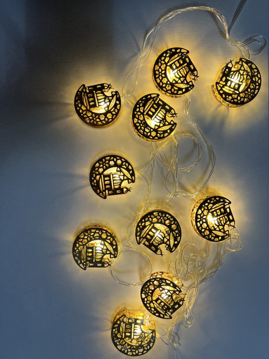 Metal Moon with Mosque Shaped Ramadan Mubarak/ Eid Mubarak Decoration Fairy Light Electric Operated