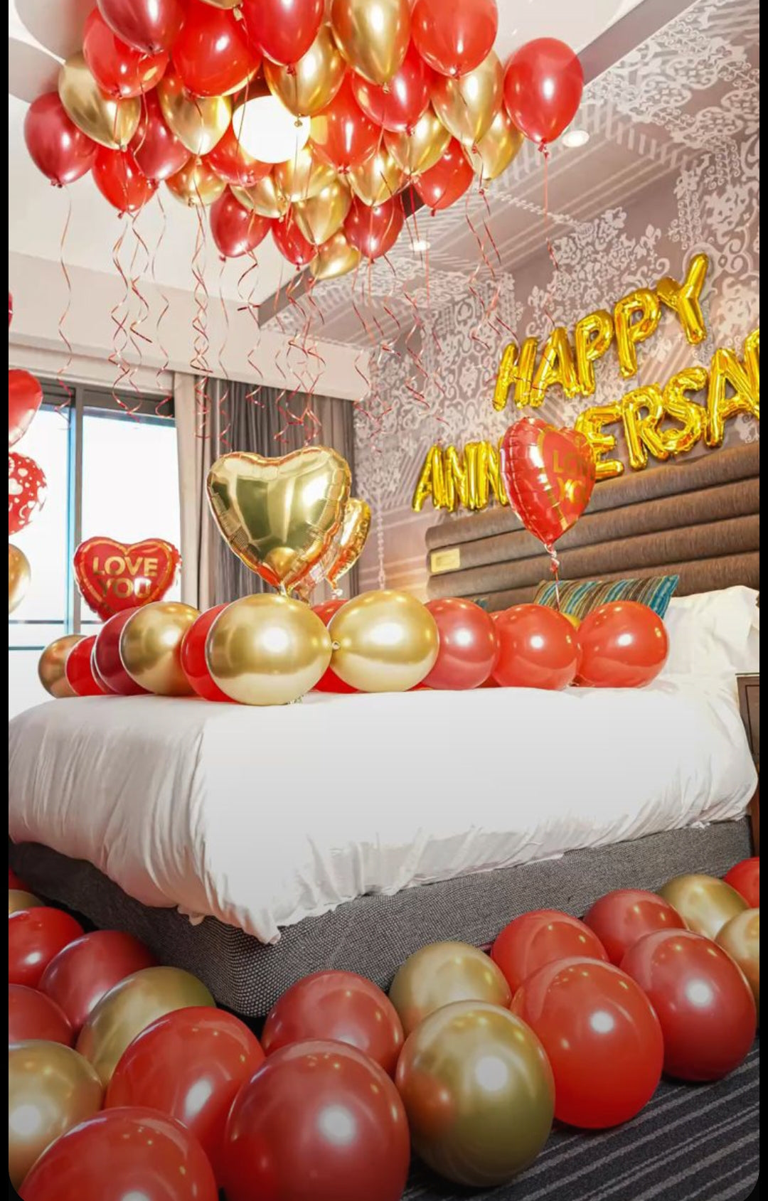 Happy Anniversary Decoration Package – Golden & Red Balloons Set for Romantic Celebration