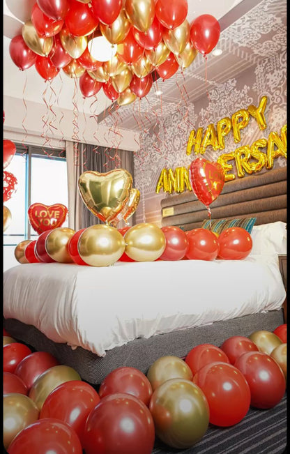 Happy Anniversary Decoration Package – Golden & Red Balloons Set for Romantic Celebration