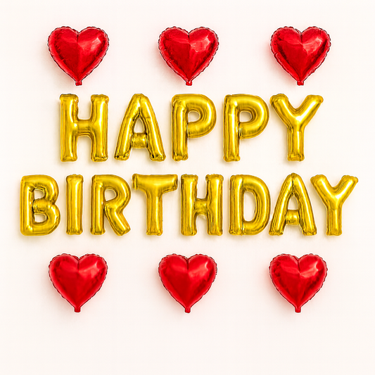 13 Letters Happy birthday Golden Foil Balloon And 6 Red Heart Foil Balloons Package