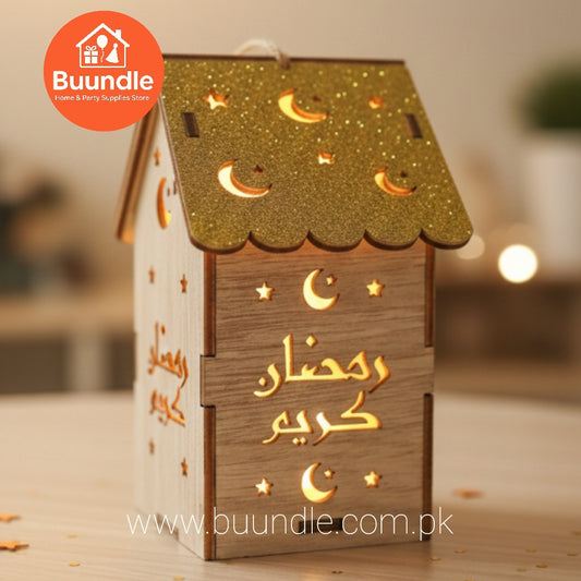 Glowing Wooden Ramadan Mubarak Hanging Lantern with Glitter Roof