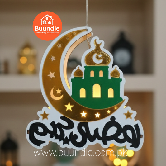Gold Foil Crescent Moon, Green Mosque Silhouette, Warm LED Glow, Festive Lighting, Hanging Wall Decor