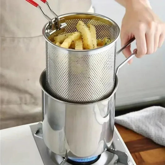 Deep Fryer Pot with Basket, Mini Deep Oil Fryer, 304 Stainless Steel Gadgets with Anti Scalding Silicone Handle, Fryer Pot for Home Tempura Chips Fries Fish Chicken