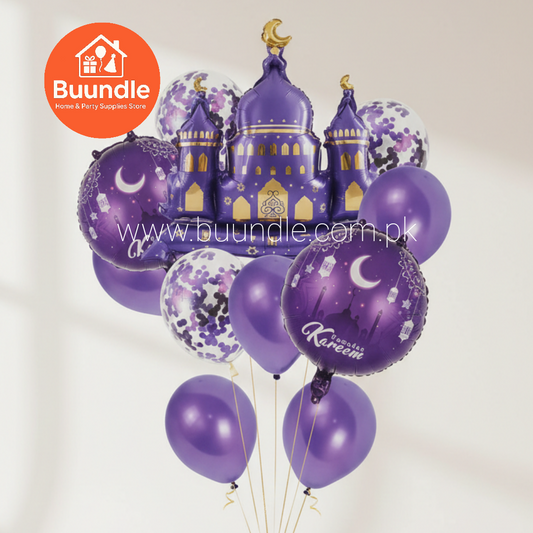 9 Piece Ramadan Decoration Kit Purple Green Mosque Foil Balloons - Islamic
