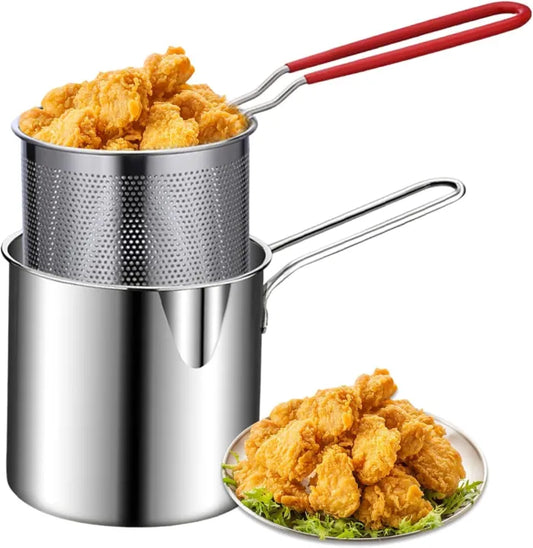Deep Fryer Pot with Basket, Mini Deep Oil Fryer, 304 Stainless Steel Gadgets with Anti Scalding Silicone Handle, Fryer Pot for Home Tempura Chips Fries Fish Chicken