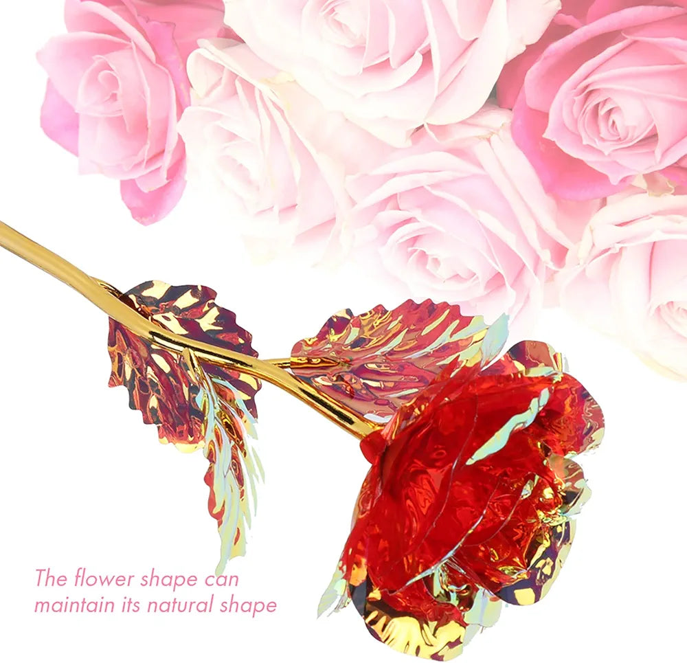 24K Aluminum Foil Plated Red Rose with Love Stand Packed in a box