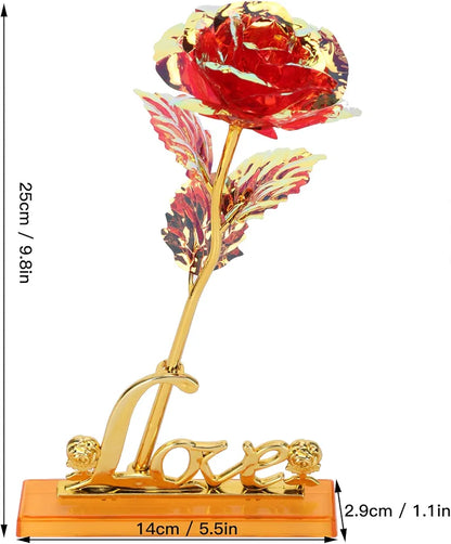 24K Aluminum Foil Plated Red Rose with Love Stand Packed in a box