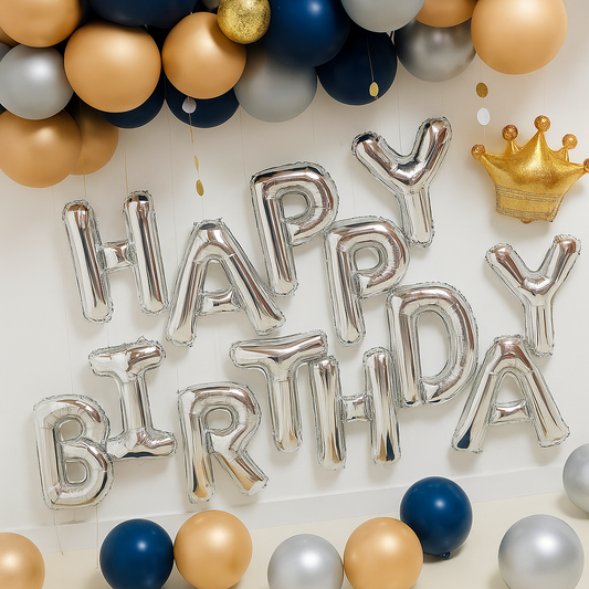 Happy birthday Silver blue Golden Package Balloons and Crown