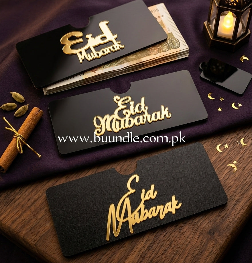 Pack of 3 Premium Black & Gold Acrylic Eid Mubarak Money Eidi Envelopes