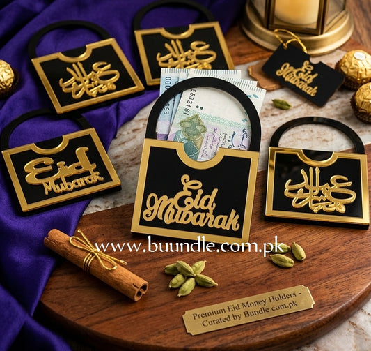 Pack of 3 Black & Gold Acrylic Mini Bag Eid Mubarak Money Eidi Envelopes