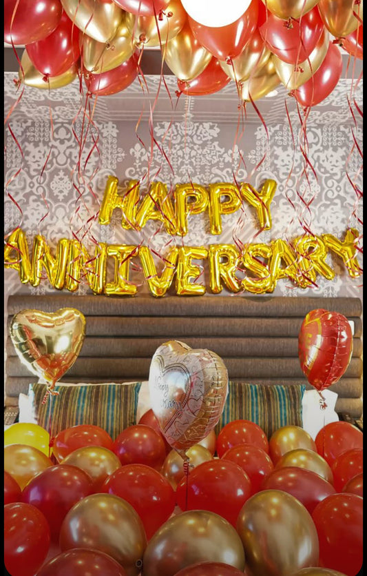 Happy Anniversary Decoration Package – Golden & Red Balloons Set for Romantic Celebration