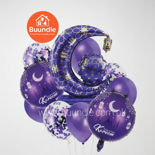 9 Piece Ramadan Decoration Kit Purple Green Moon Foil Balloons - Islamic