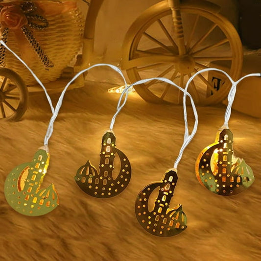Electric Operated Metal Golden Crescent Mosque Shaped Fairy Light String For Ramadan & Eid Decoration