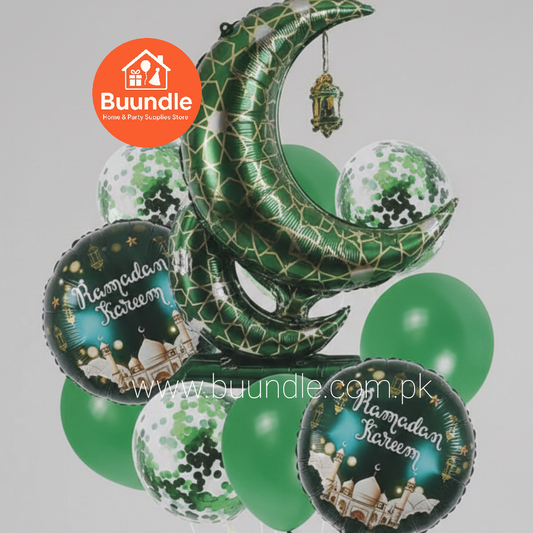 9 Piece Ramadan Decoration Kit Purple Green Moon Foil Balloons - Islamic