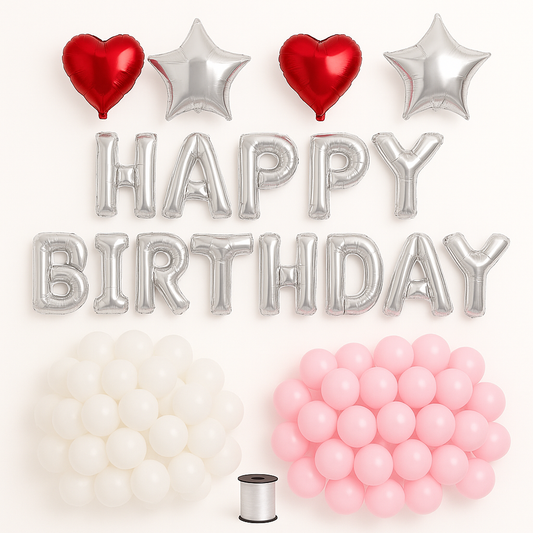 13 Letters Happy Birthday Silver Foil Balloon, 2 Red Heart And 2 Silver Star Foil Balloons, Pink And White Latex Balloons Package