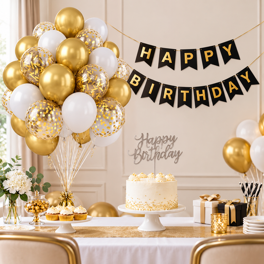 Birthday Decoration Combo – Cake Topper, Gold Balloons & Card Banner Set