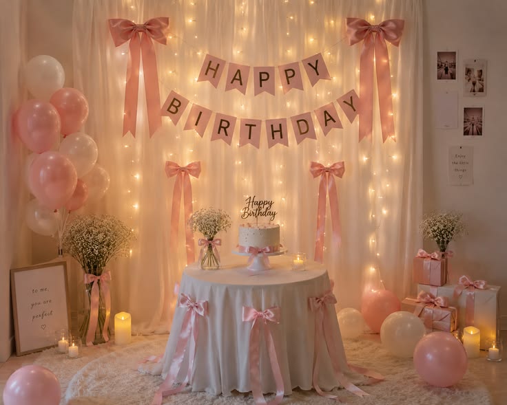 Pink Fairy Light Birthday Decoration Set – Banner, Balloons & Bow Backdrop