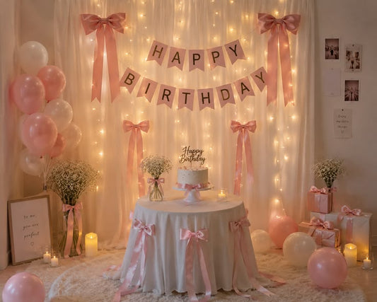 Pink Fairy Light Birthday Decoration Set – Banner, Balloons & Bow Backdrop