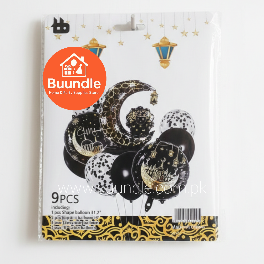 9-Piece Eid Mubarak Balloon Decor Set – Gold and Black Foil