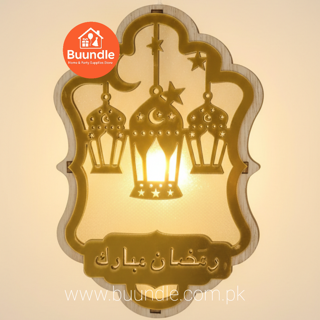 LED Ramadan Mubarak Hanging Lantern Ornament – Laser-Cut Wood & Gold Acrylic