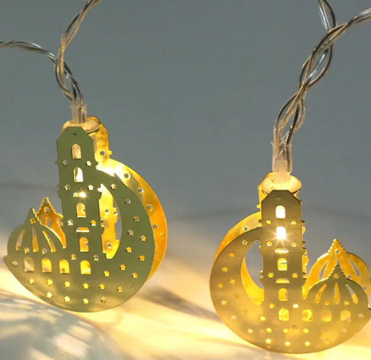 Electric Operated Metal Golden Crescent Mosque Shaped Fairy Light String For Ramadan & Eid Decoration