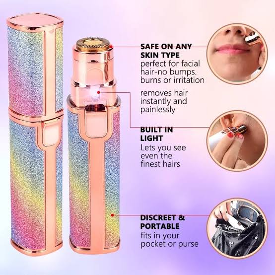 Electric Flawless Eyebrow Trimmer for Women – 2-in-1 Facial Hair Remover Shaver Kit with LED Light, USB Charging, Cleaning Brush & Precision Razor | Rose Gold Glitter